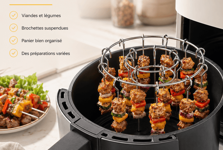 Brochettes de viande et légumes suspendues dans un Air Fryer