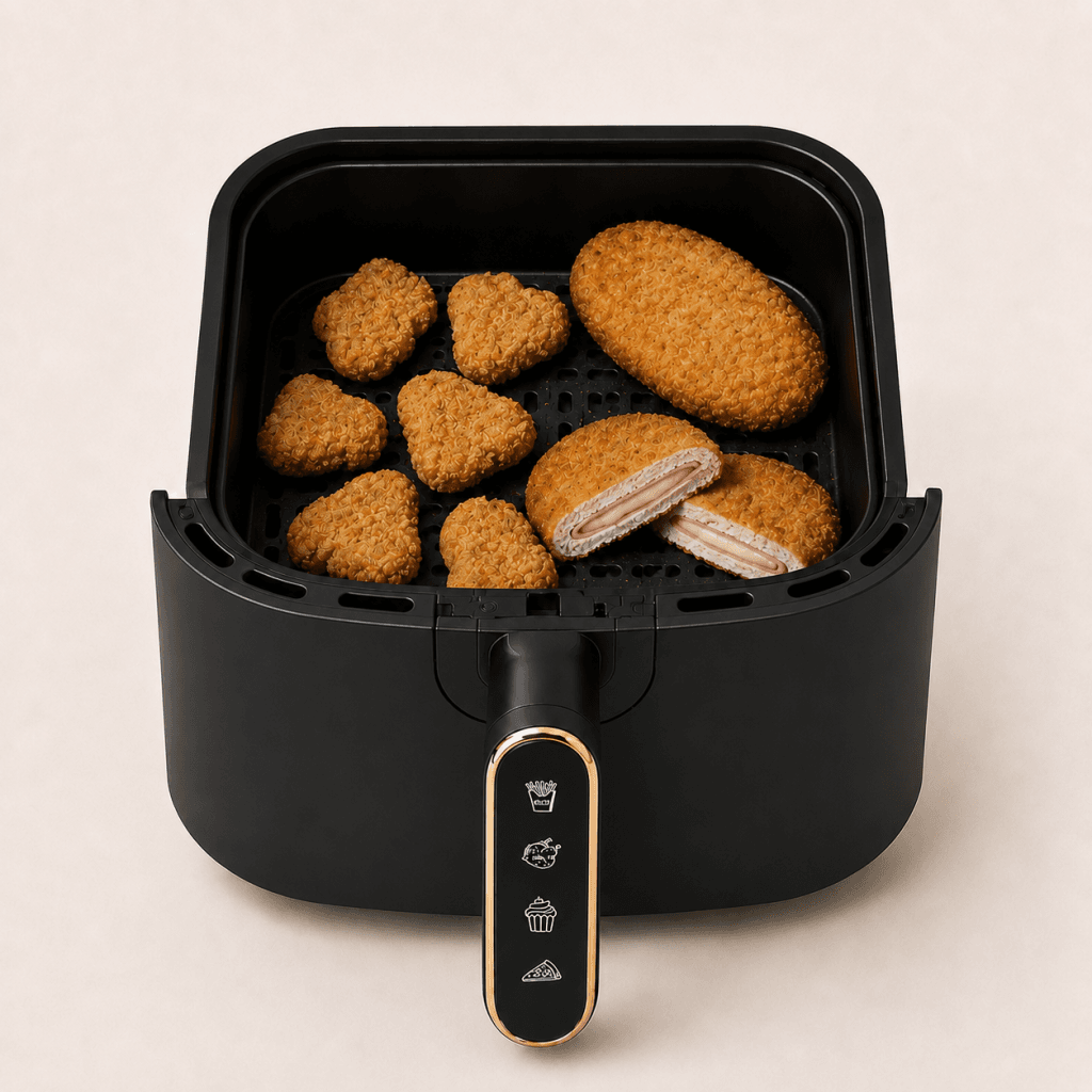 Panier 3 L du Air Fryer AeroCooking avec des nuggets et des cordons-bleus dorés, dont un coupé montrant le jambon et le fromage.
