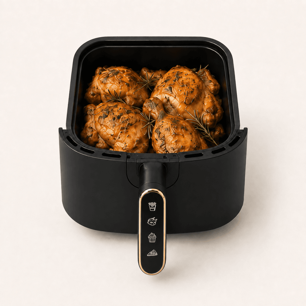 Panier 3 L du Air Fryer AeroCooking avec des morceaux de poulet rôtis et dorés aux herbes.
